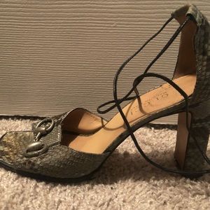 Gucci open toe snakeskin heels
